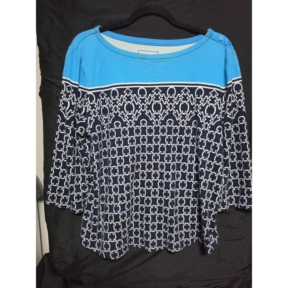 Charter Club Blouse Size L With Chain Pattern Navy Blue With White & Light Blue